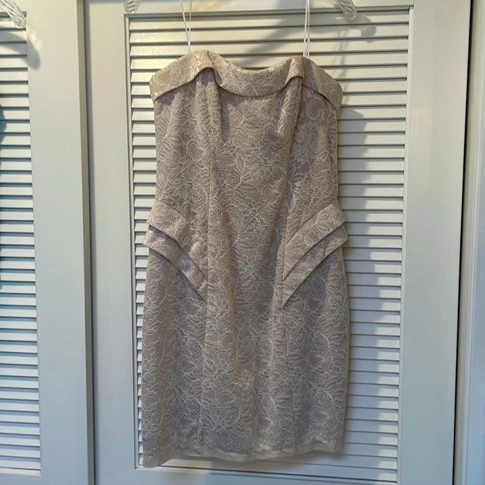 Lovely never worn ABS Allen Schwartz strapless laced dress . Champagne color